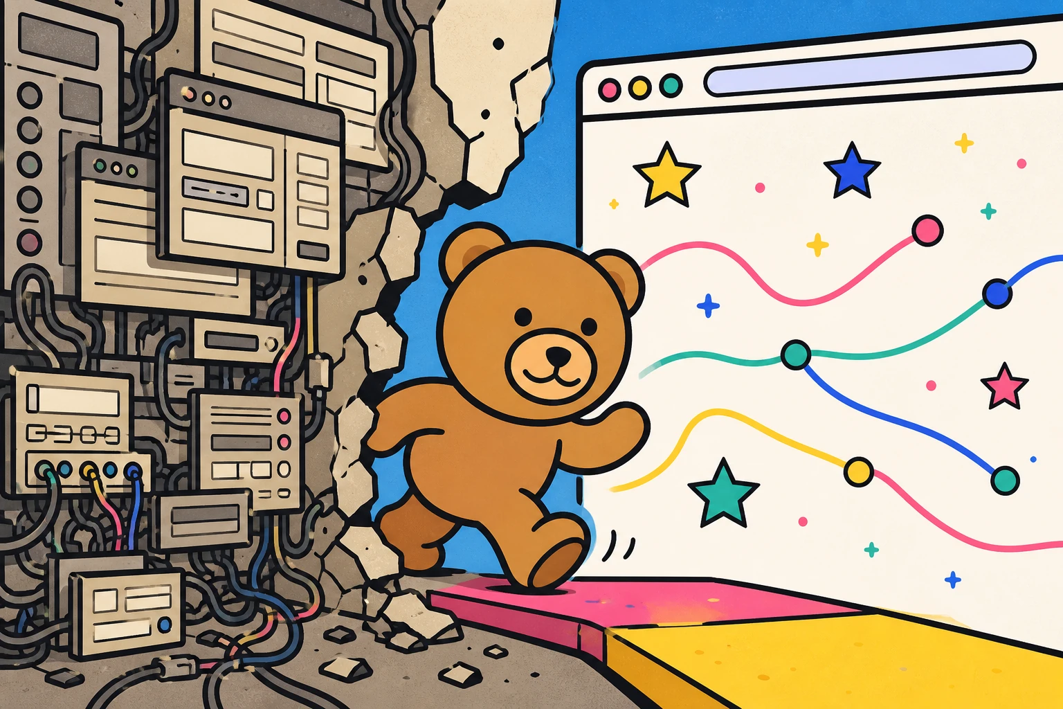 A teddy bear steps through a cracked wall of cluttered dashboard panels into a bright, simple browser window.