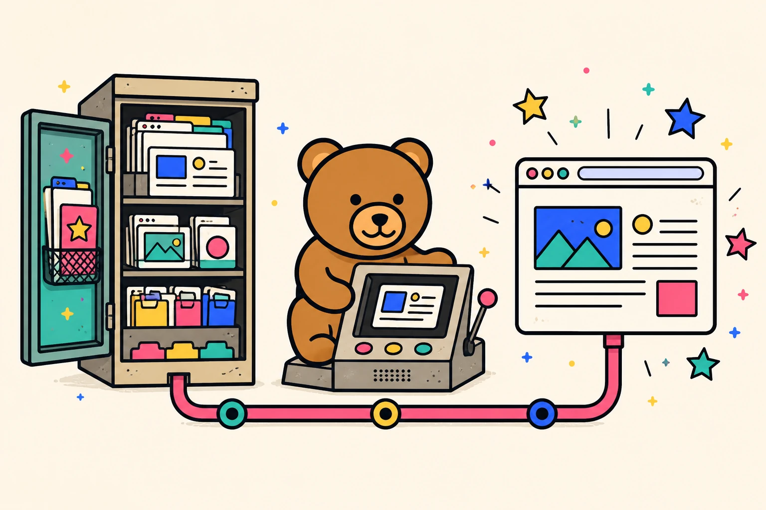 A teddy bear moves an article from an archive cabinet through a command terminal into a colorful browser window.