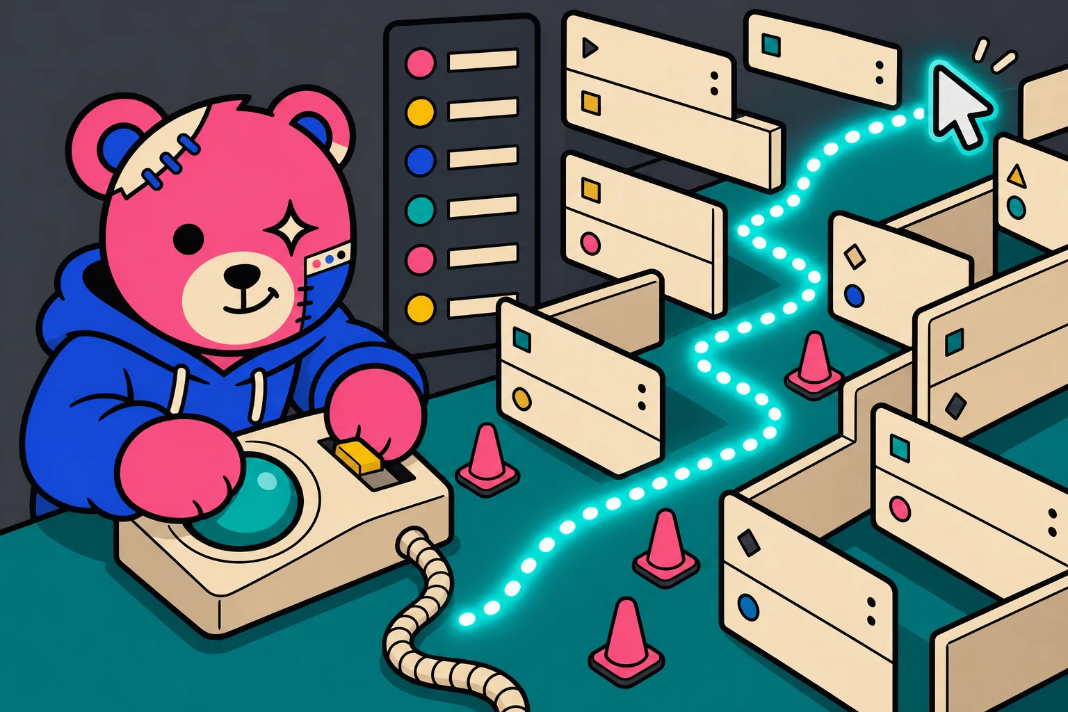 Teddy carefully steers a trackball pointer through a narrow maze of fragile flyout menus like a parallel-parking course.