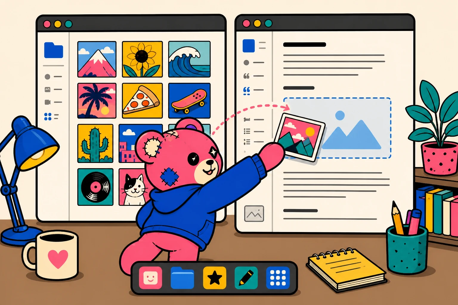 Teddy drags an image from a media-library window into a post editor open beside it.