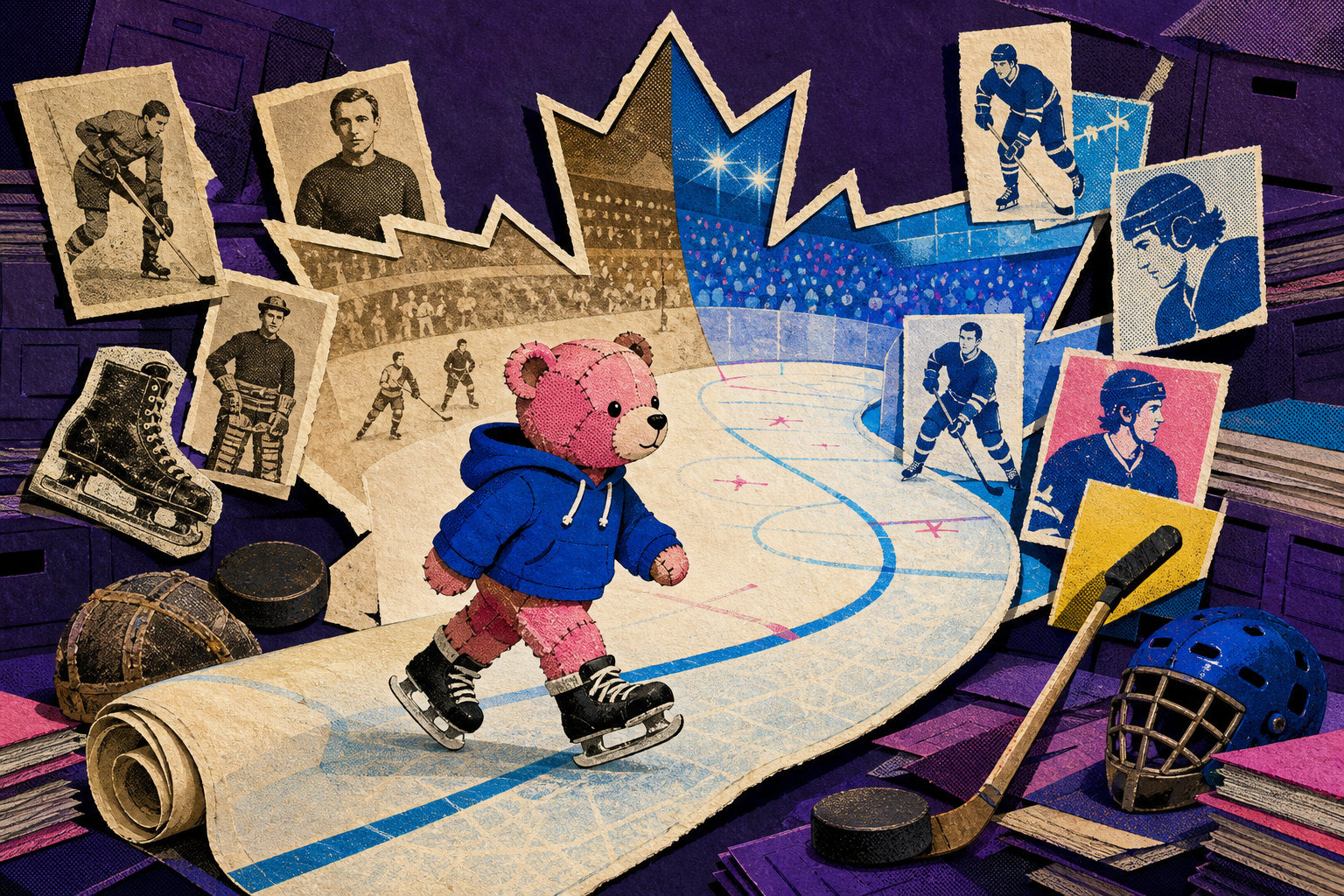 Teddy reviews blue maple-leaf hockey memorabilia.