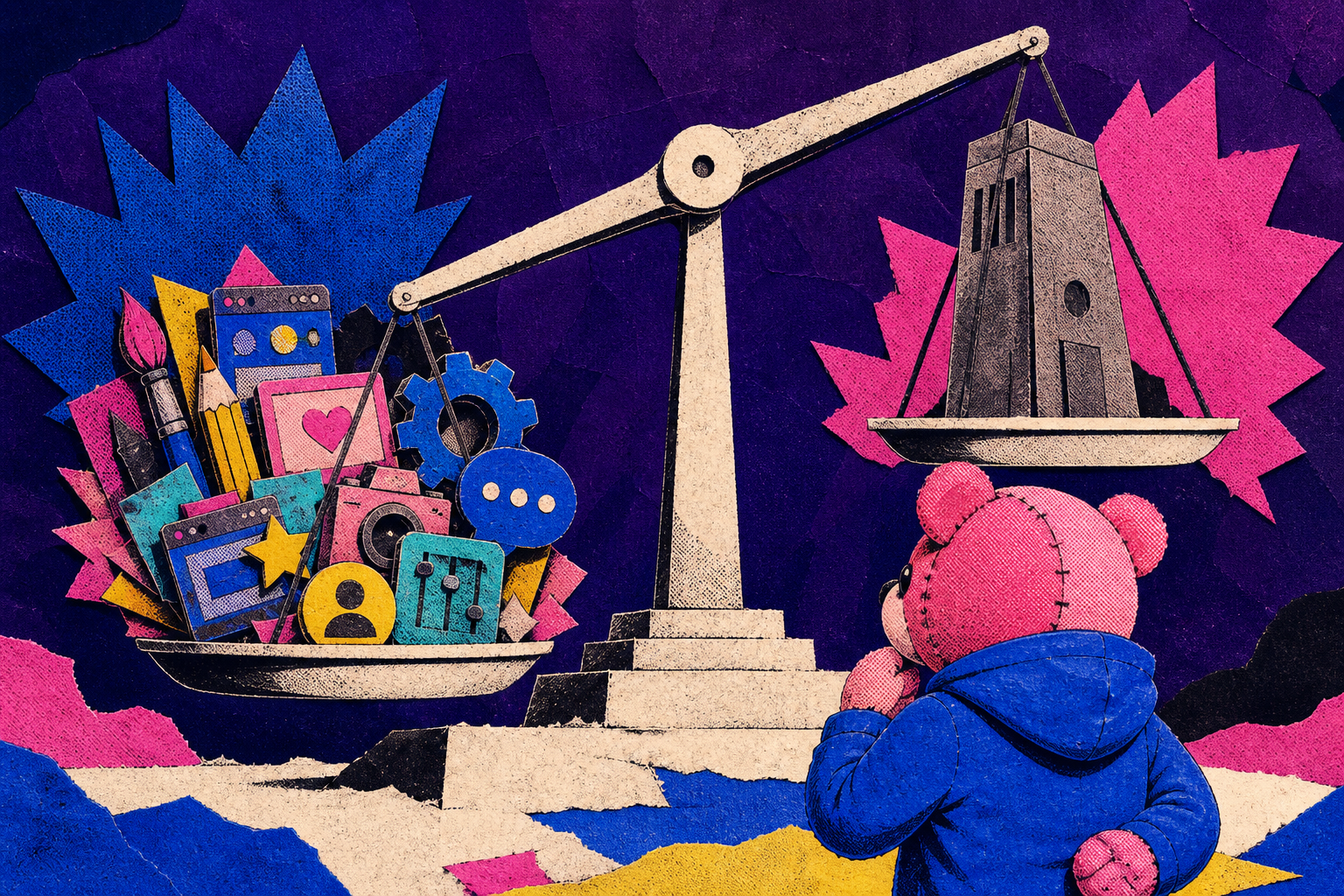 Teddy compares mismatched rules on an uneven balance scale.