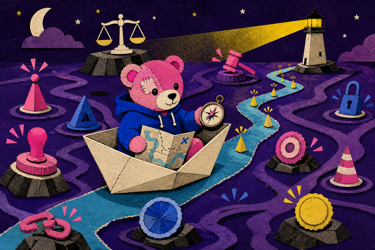 Teddy navigates paper boats through tricky waters filled with legal stamps.