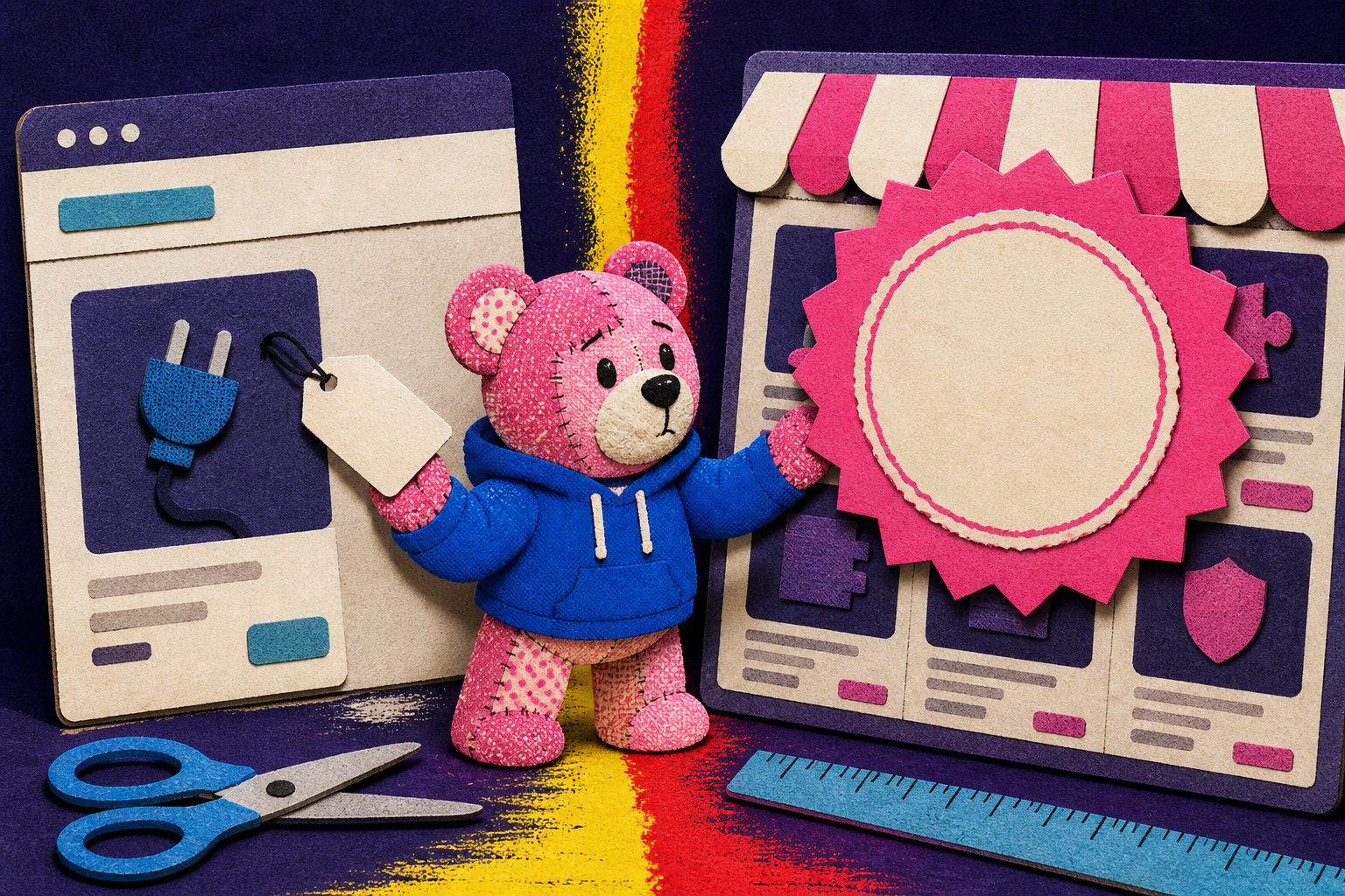 Teddy untangles a shared word from a knot of labels and red tape.