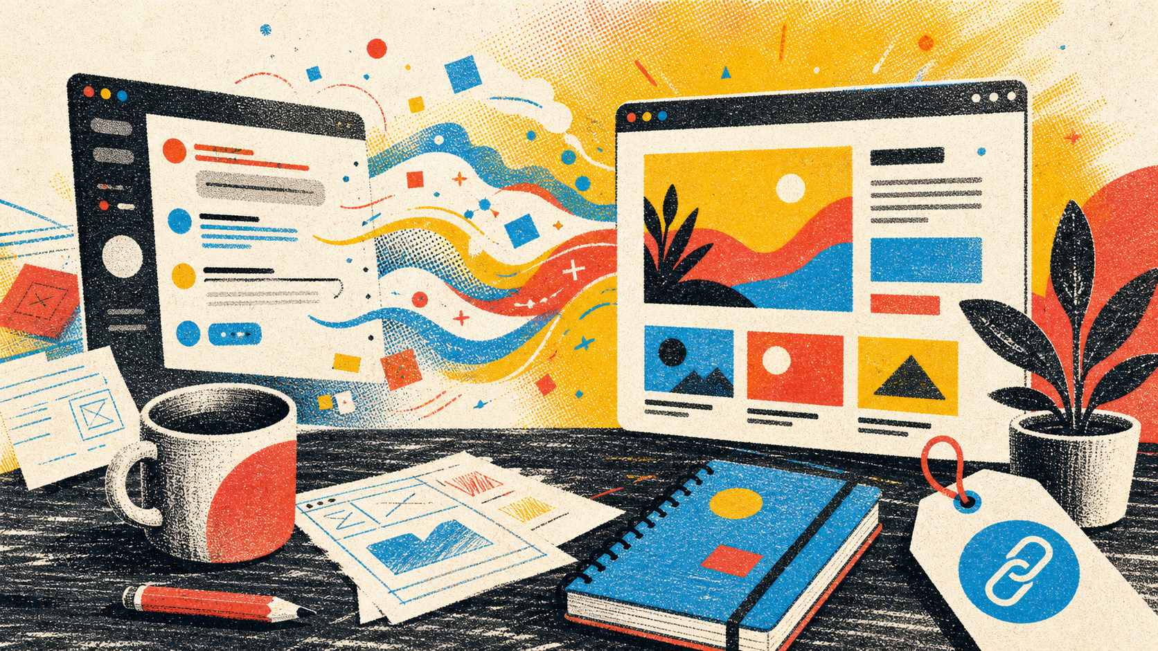 Risograph illustration of an AI chat turning into a clickable WordPress page.