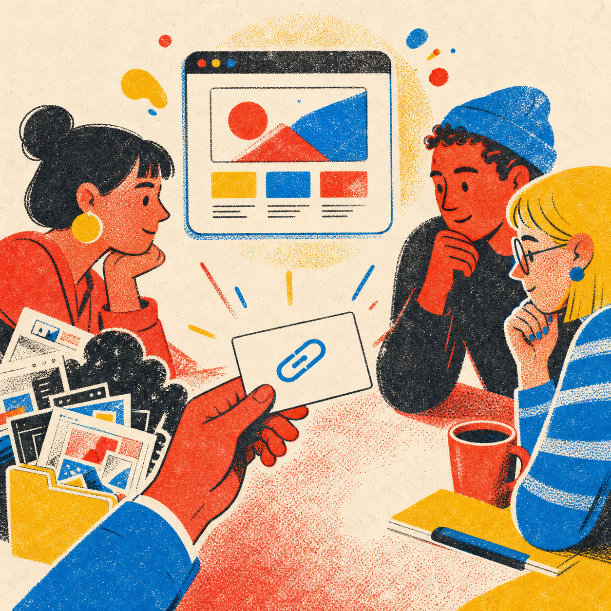 Risograph illustration of people receiving one clean link for a web page.