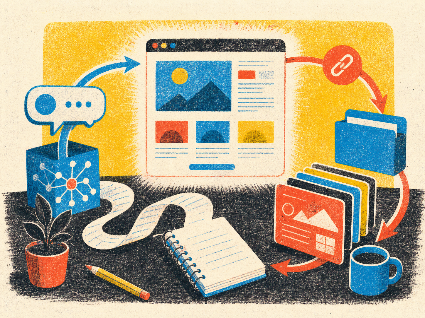Risograph illustration of a clickable page, clean link, saved copy, and next edit loop.