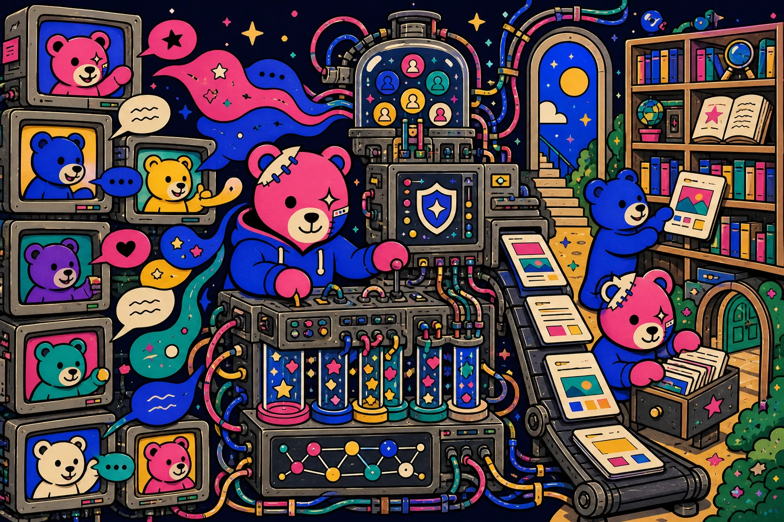 Teddy and several bear neighbors turn live chat from stacked monitors into permanent web pages stored in an open library.