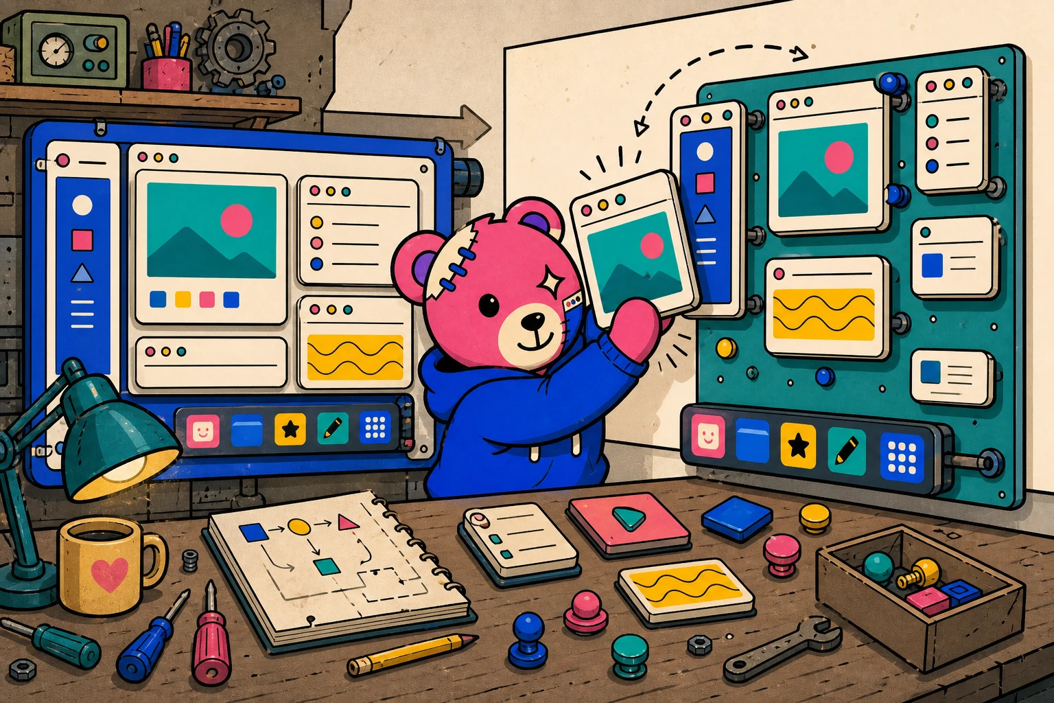 Teddy rearranges modular application windows from a polished default system into a personal workspace.