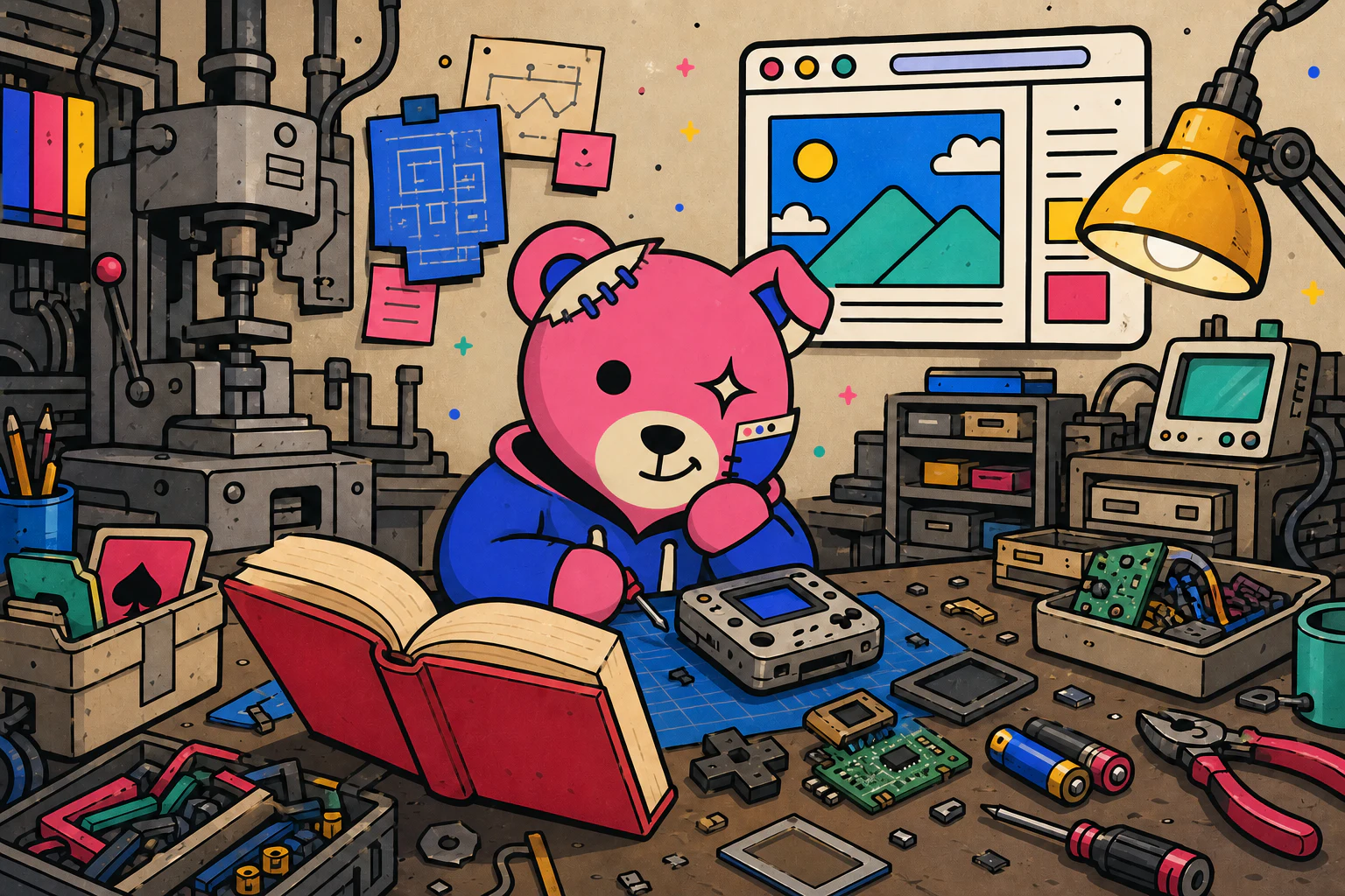 Teddy reads a red book while assembling a small handheld game machine from old electronic parts at a crowded workbench.