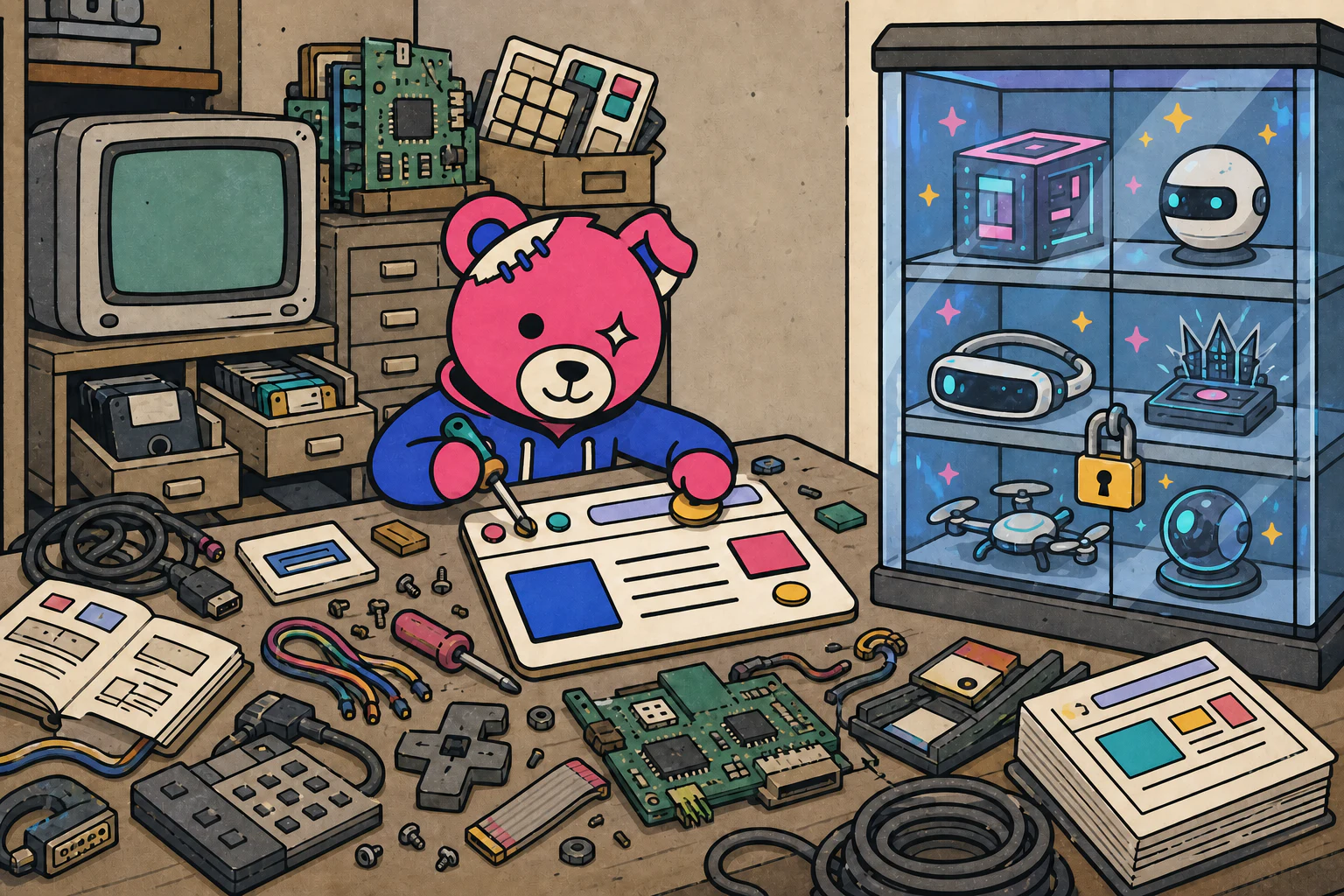 Teddy builds a simple browser window from sturdy old electronics while glossy future technology sits unused behind glass.