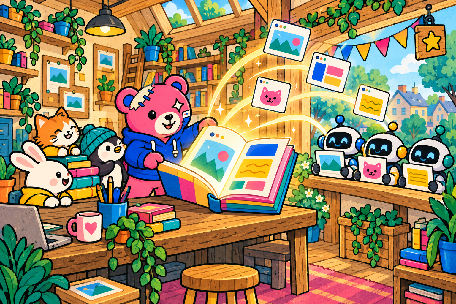 Teddy opens a colorful book as helpful little robots follow bright page-shaped paths from a welcoming publishing workshop.