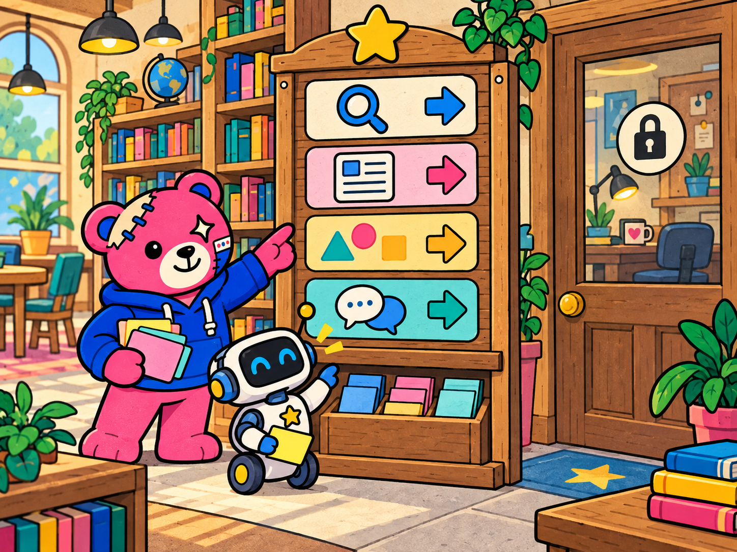 Teddy points a little robot to a public directory of search, articles, topics and comments while the editor remains safely at work.