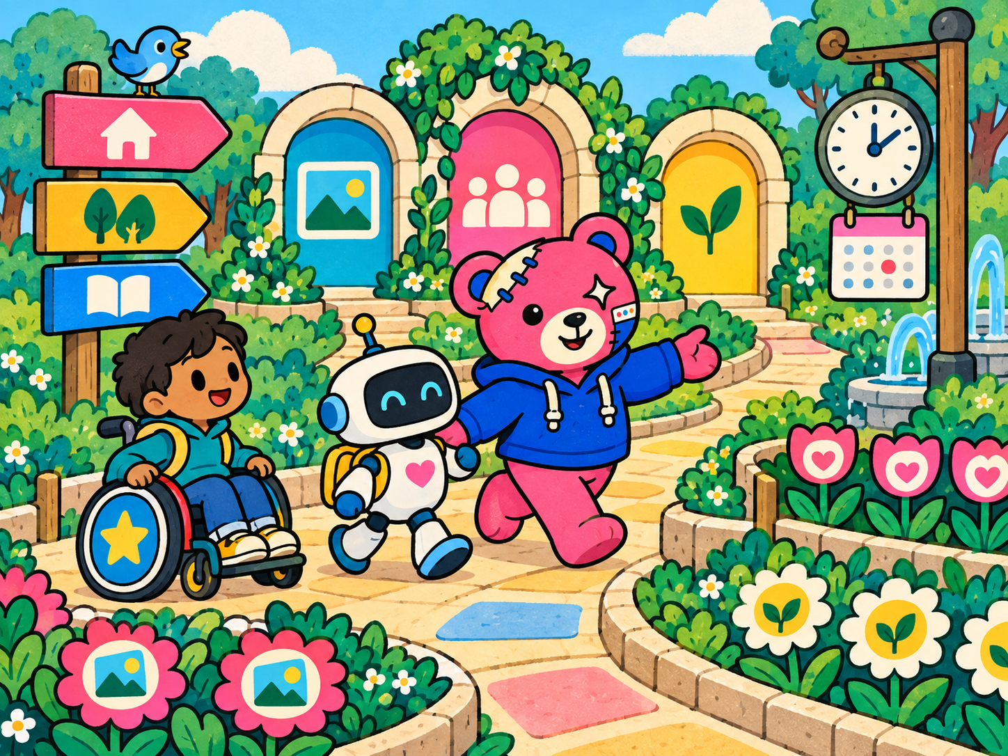 Teddy and a little robot follow the same clear, welcoming path through an accessible web garden.
