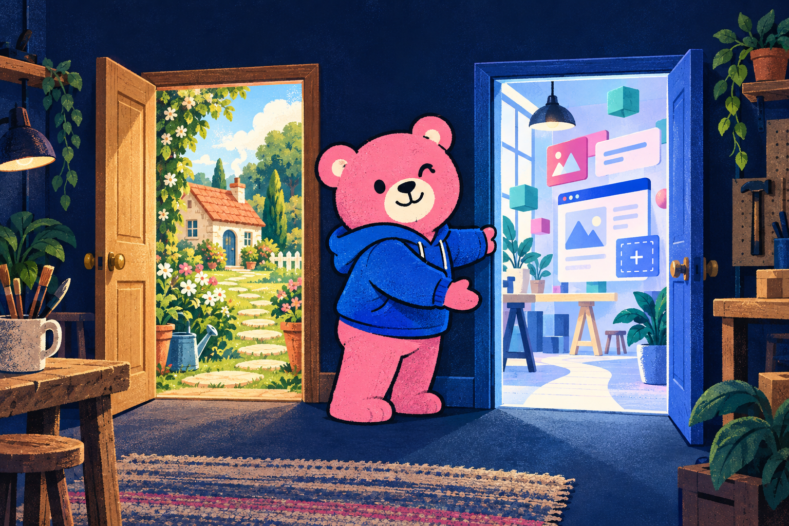 Teddy opens a second door beside a traditional WordPress theme garden.
