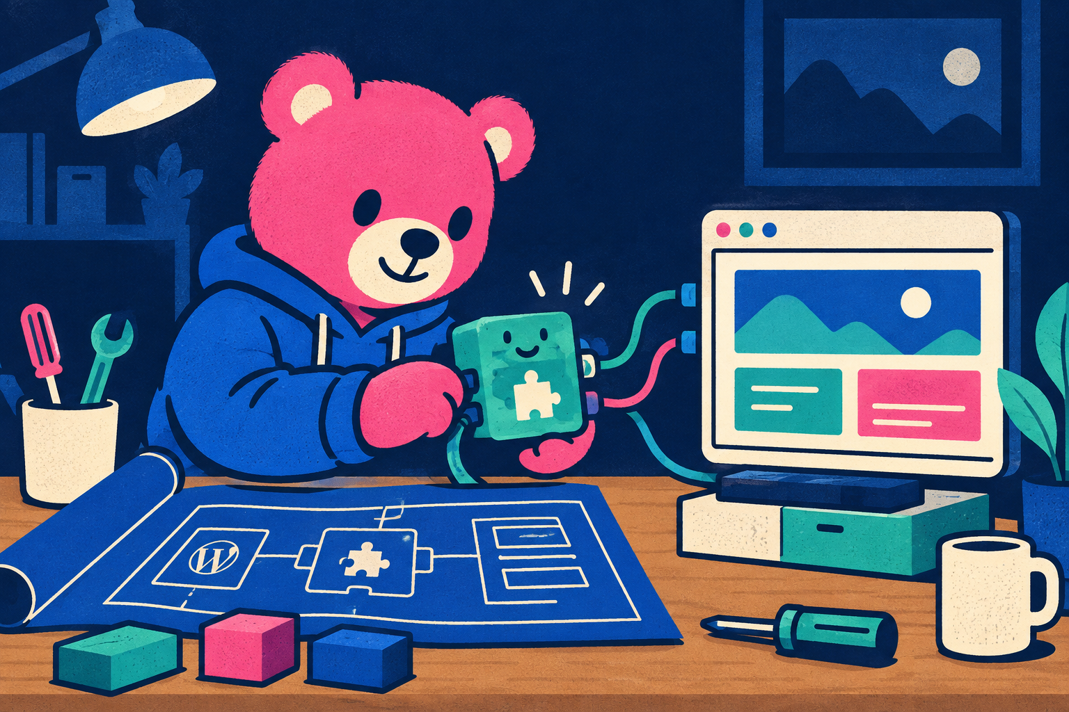 Teddy assembles a WordPress contract, block tiles, and a frontend in a workshop.