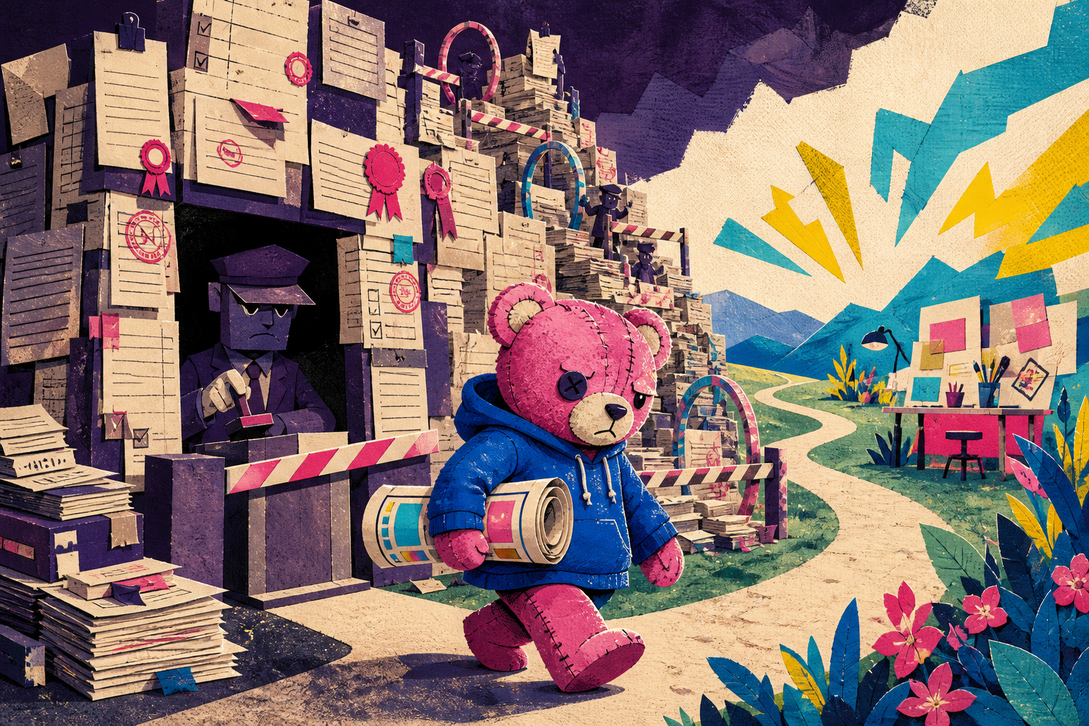 Teddy walks away from a rigid theme-factory conveyor belt.