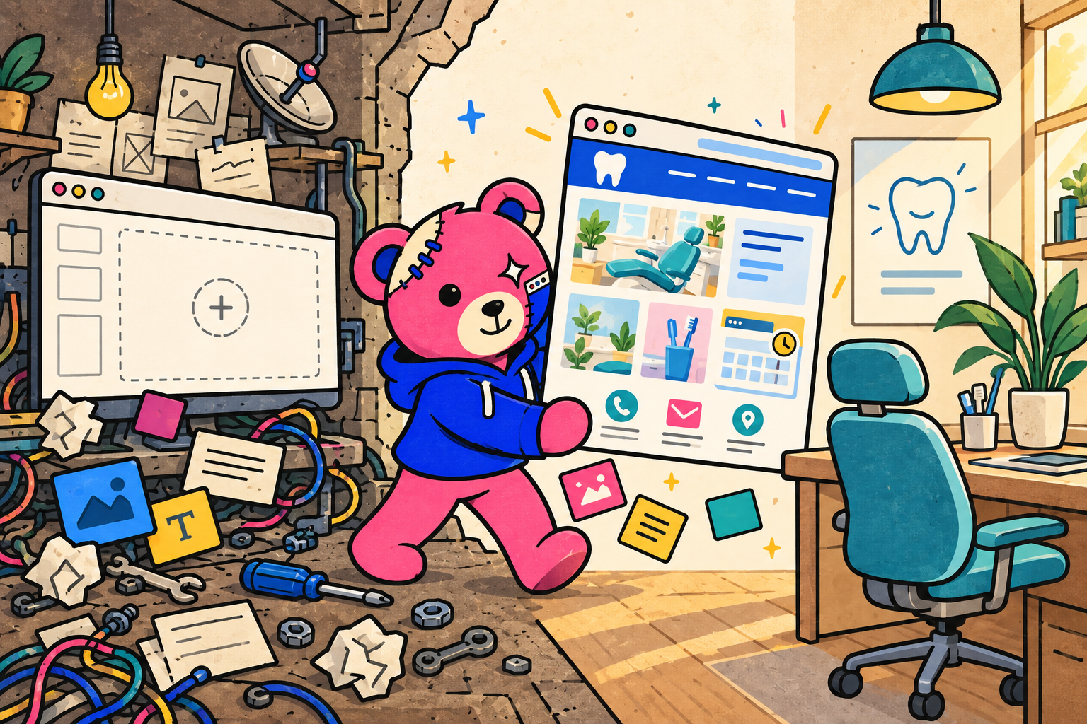 Teddy offers a complete small-business website beside an empty canvas and scattered building blocks.
