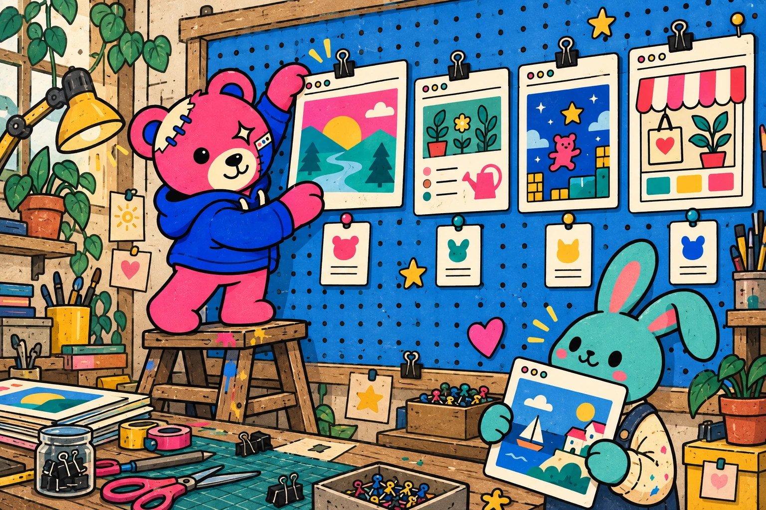Teddy pins a maker's website to a workshop gallery while another maker waits with a project of their own.