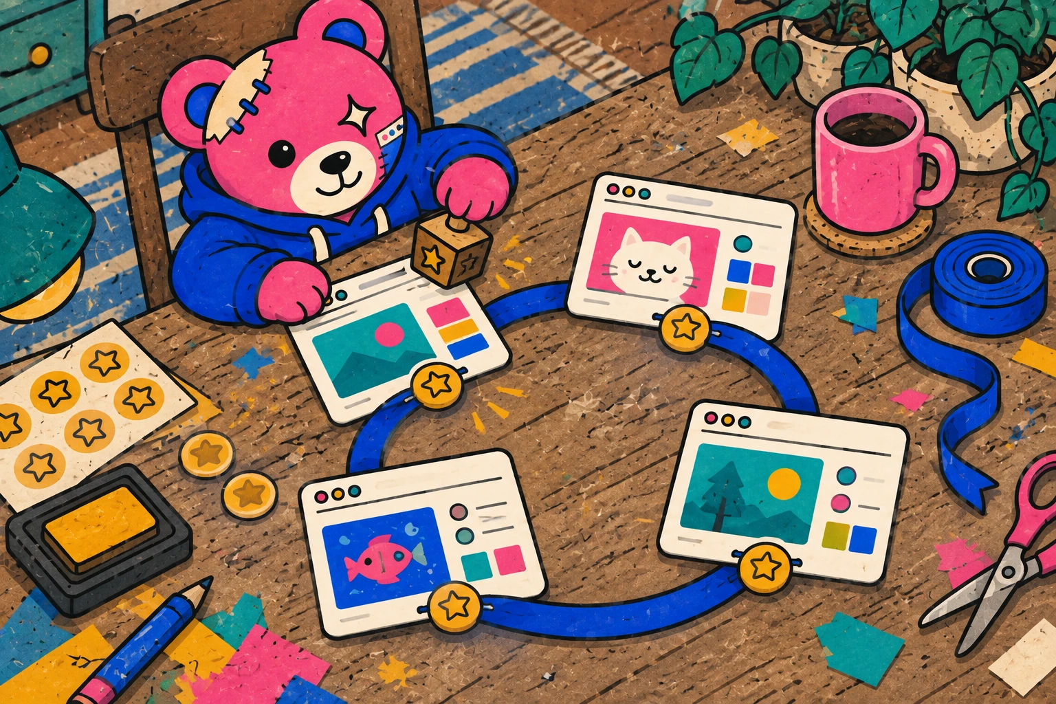 Teddy stamps matching star badges onto website cards connected by a looping blue ribbon.
